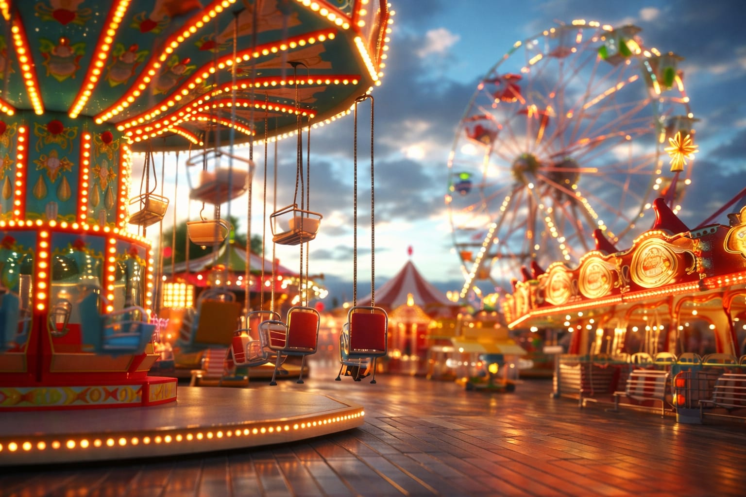 Fahrgeschäfte und Attraktionen von Keinrath auf einem Volksfest in Österreich – Karussell und Riesenrad bei Abendstimmung